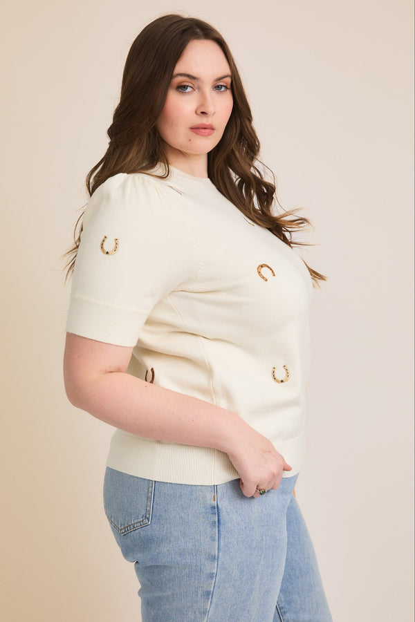 Gilli Round Neck Puff Sleeve Embroidered Knit Top - Curvy Size