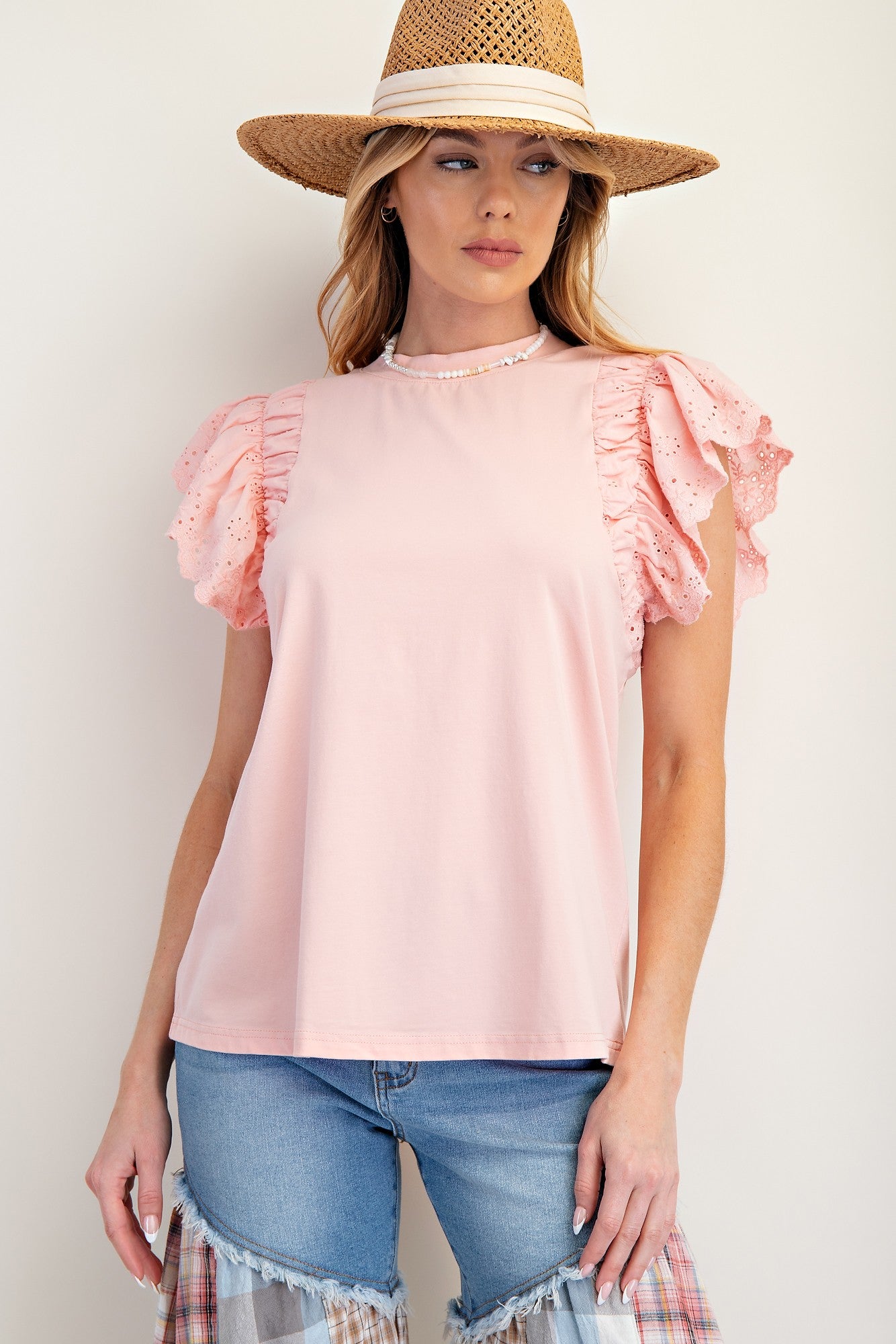 Easel Eyelet Lace Wing Slvs Cotton Knit Top