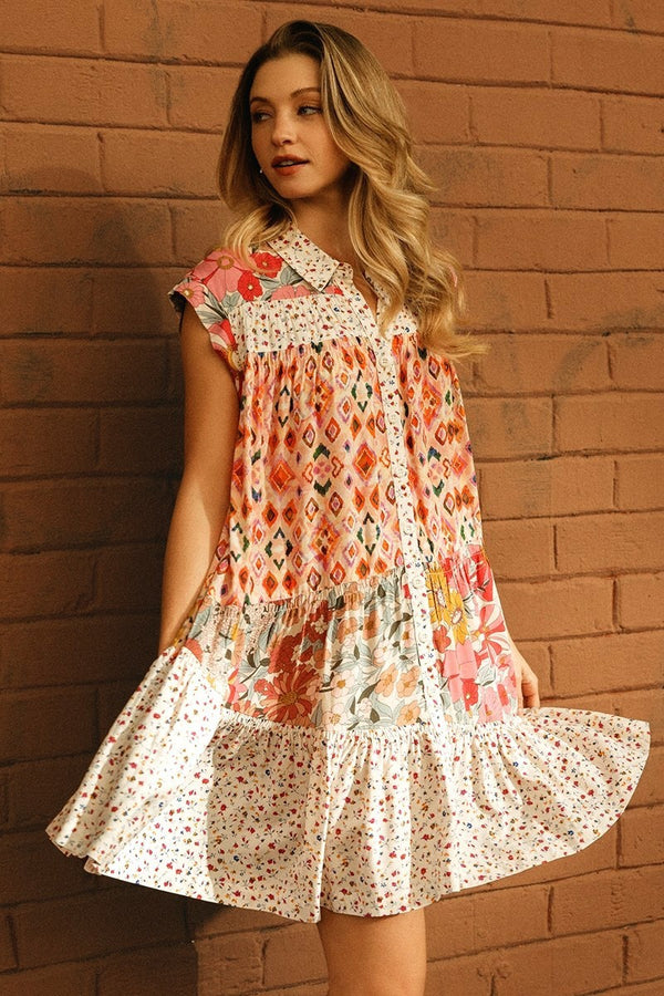 BIBI Print Mix And Match Tiered Dress With Button Down