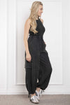 Blue Velvet Waist Elastic Cargo Jumpsuit w/Tied Leg Opening