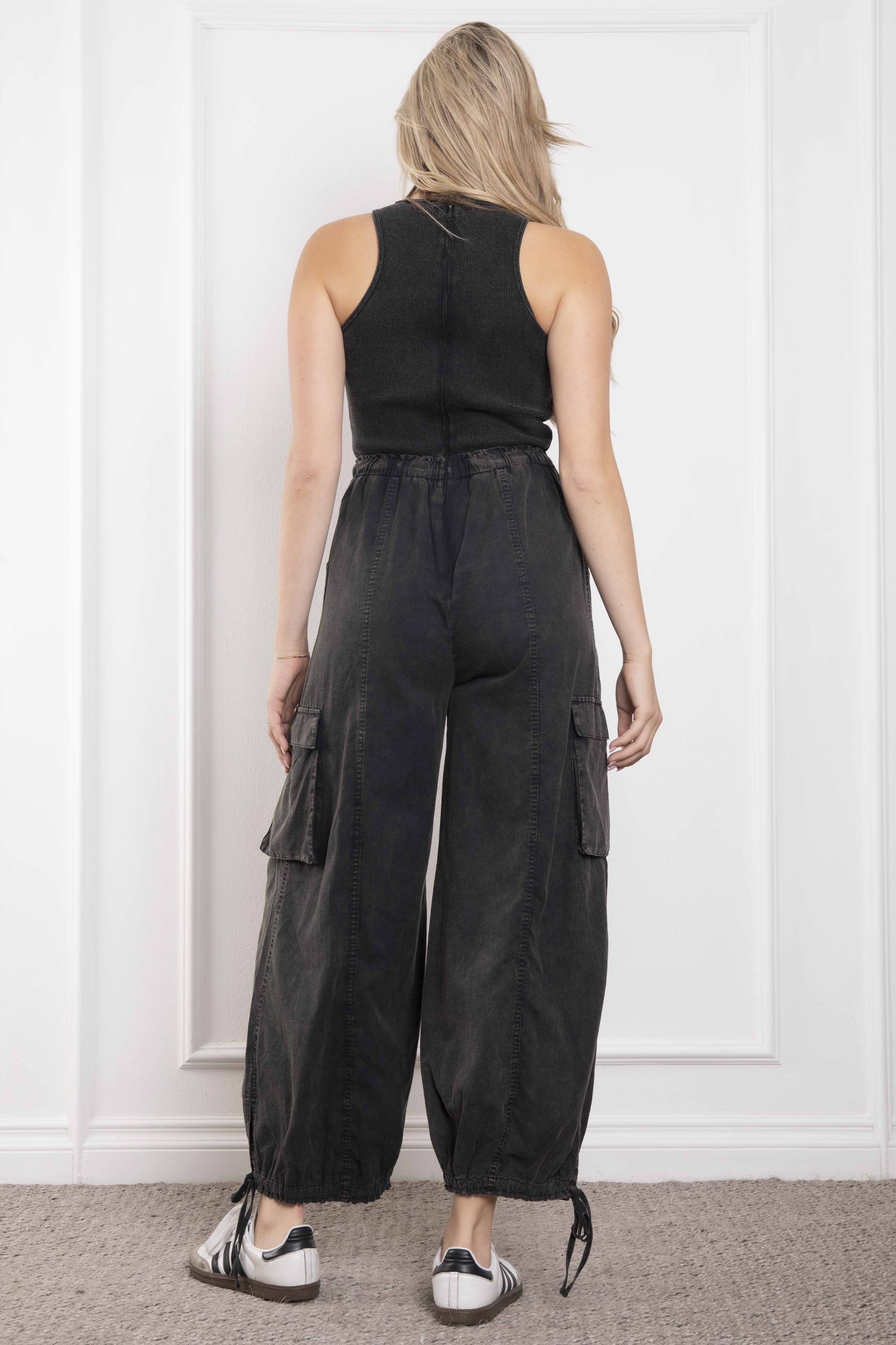 Blue Velvet Waist Elastic Cargo Jumpsuit w/Tied Leg Opening
