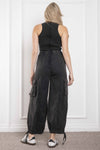Blue Velvet Waist Elastic Cargo Jumpsuit w/Tied Leg Opening