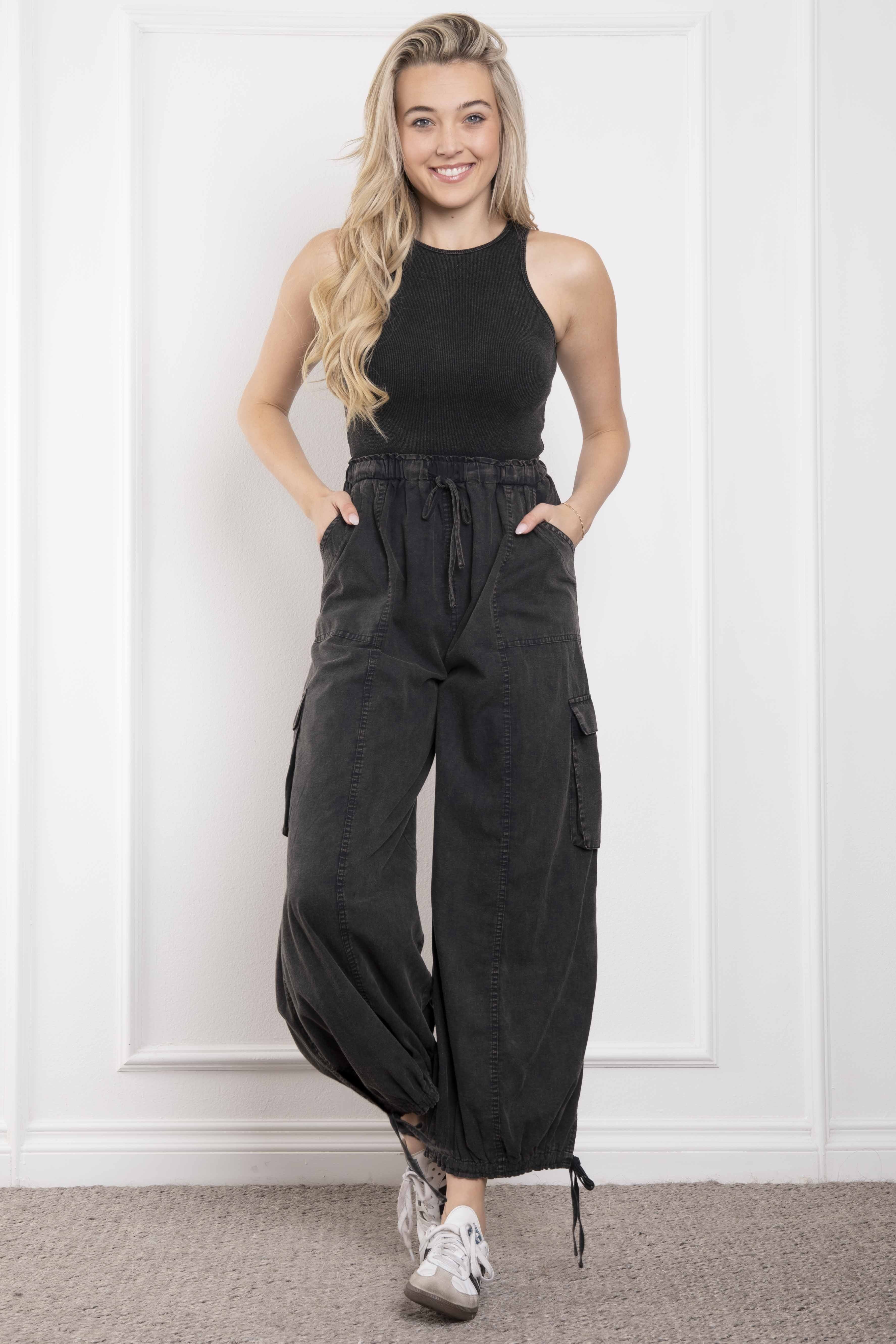 Blue Velvet Waist Elastic Cargo Jumpsuit w/Tied Leg Opening