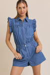 Gilli Ruffle Sleeve Button Down Lt Weight Denim Romper