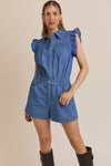 Gilli Ruffle Sleeve Button Down Lt Weight Denim Romper