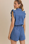 Gilli Ruffle Sleeve Button Down Lt Weight Denim Romper