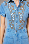 Garment Washed Embroidered Denim Romper