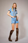 Garment Washed Embroidered Denim Romper