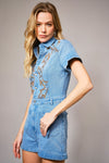 Garment Washed Embroidered Denim Romper