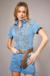 Garment Washed Embroidered Denim Romper
