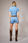 Garment Washed Embroidered Denim Romper