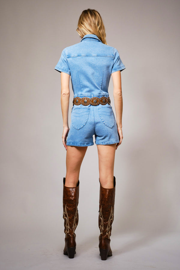 Garment Washed Embroidered Denim Romper