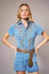 Garment Washed Embroidered Denim Romper