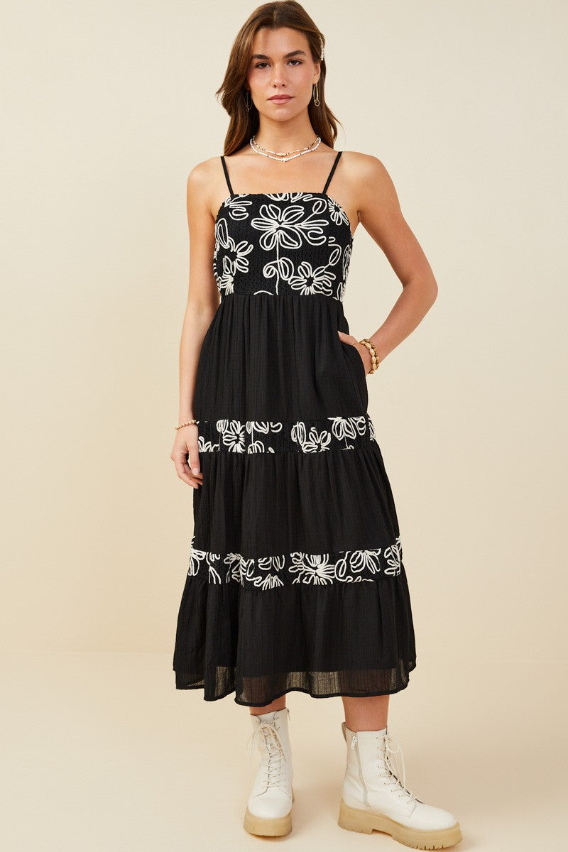 Womens Embroidered Floral Contrast Panel Dress