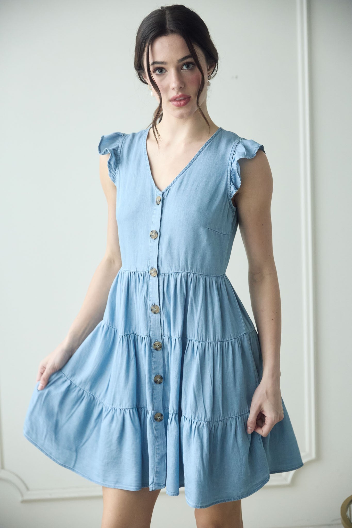 V-neck Flutter Sleeve tiered dress