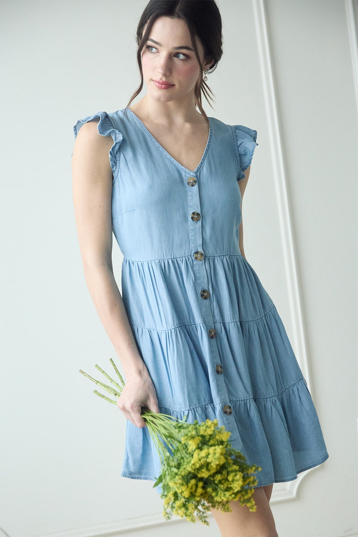 V-neck Flutter Sleeve tiered dress