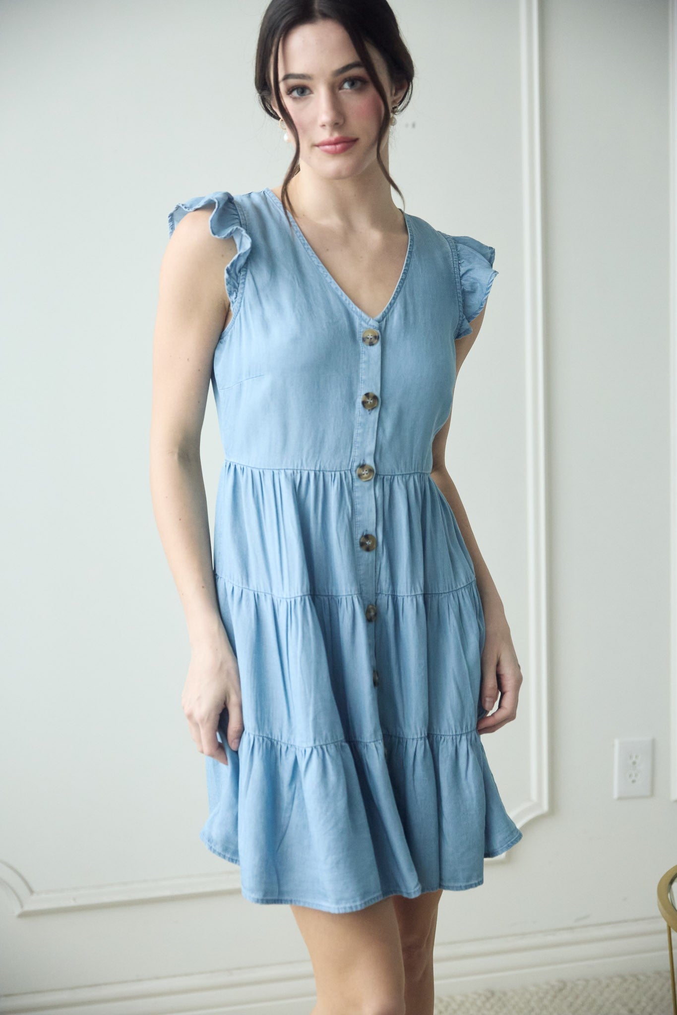 V-neck Flutter Sleeve tiered dress