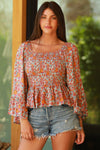 Angie Smocked Bodice Wide Sleeve boot Print Top
