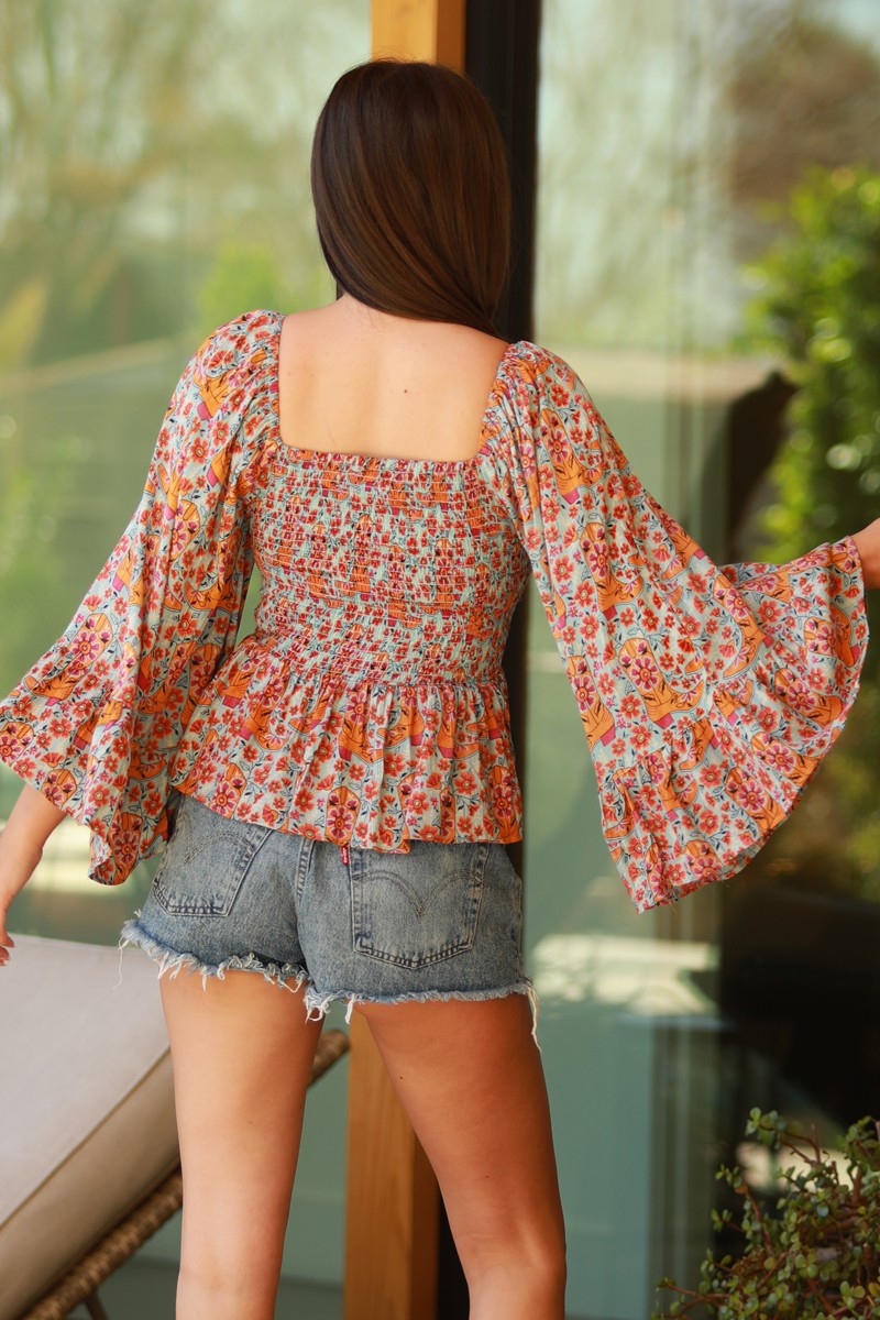 Angie Smocked Bodice Wide Sleeve boot Print Top