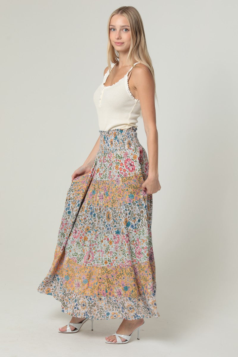 Angie Mixed Print Tiered Maxi Skirt
