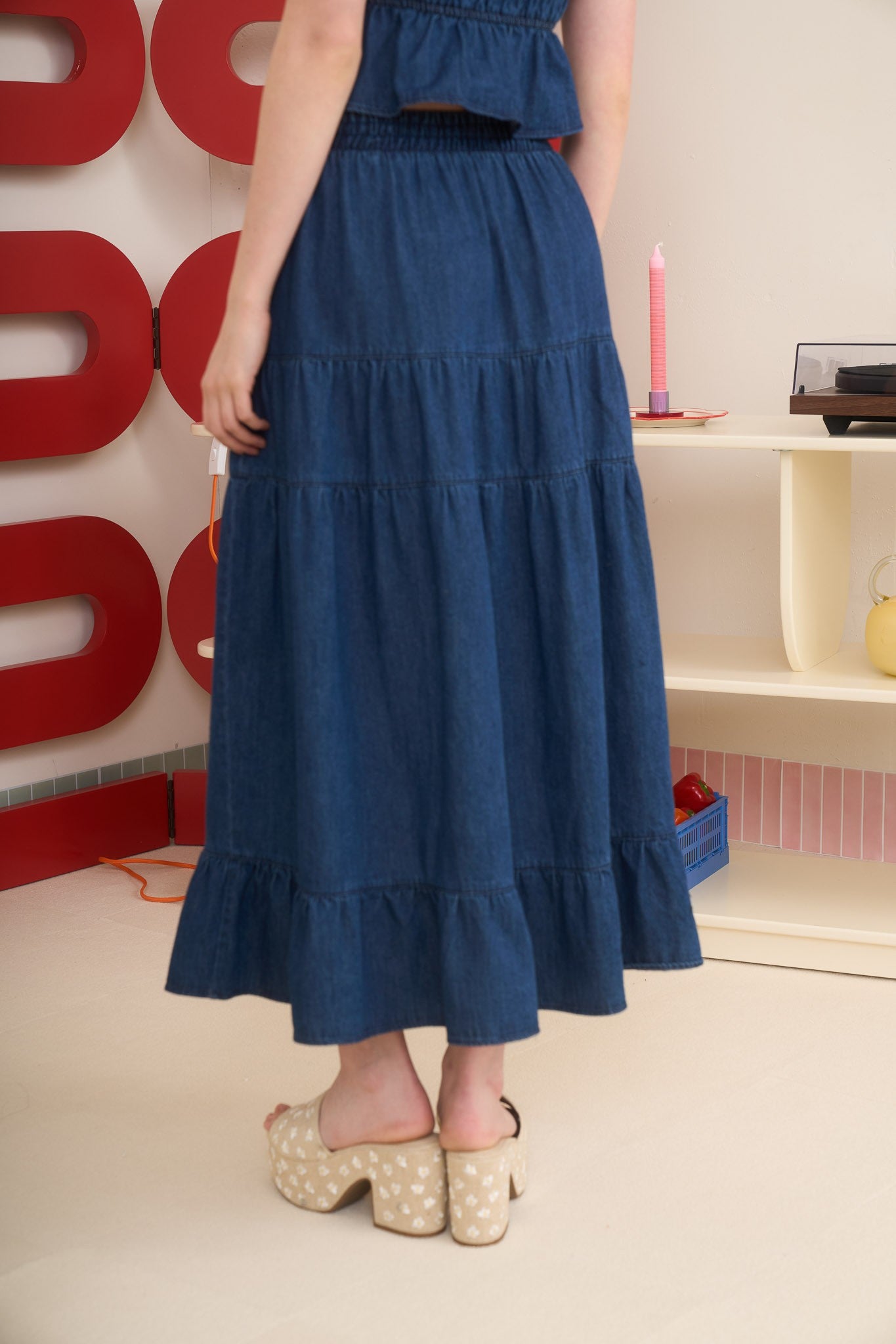 Blu Pepper Elastic High Waist Tiered Denim Midi Skirt