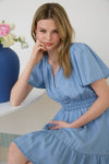Blu Pepper Split Neck Flounce Chambray Mini Dress