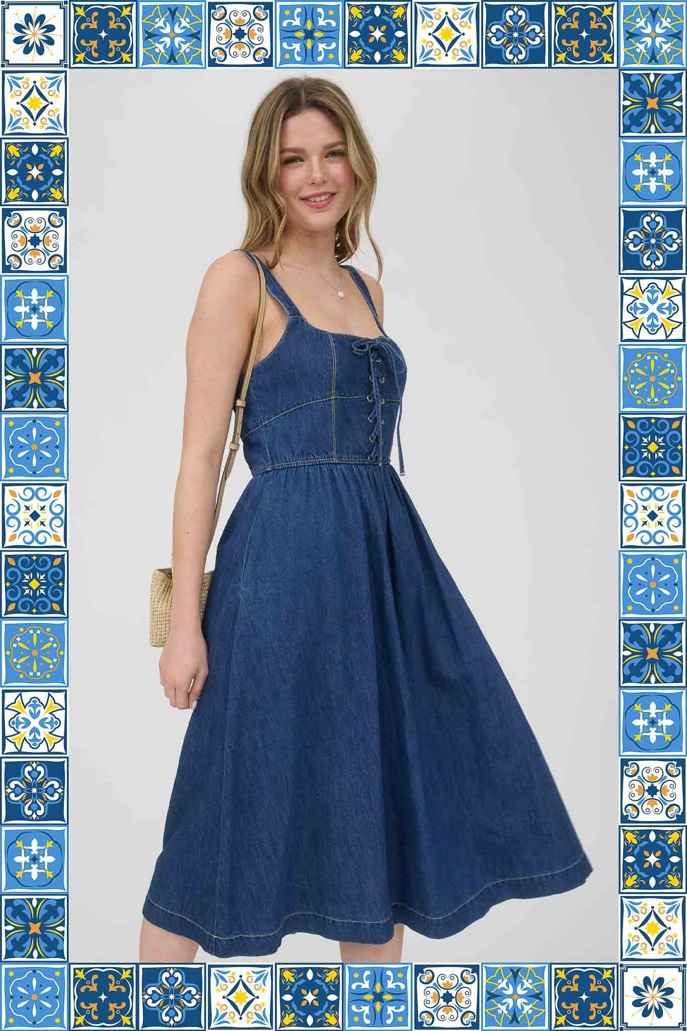 Blu Pepper Lace Up Sleeveless Denim Midi Dress