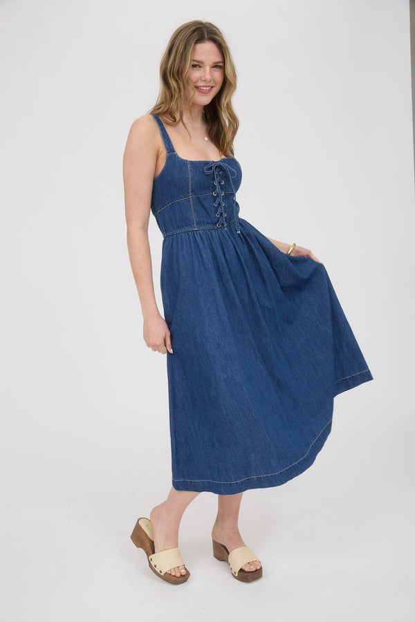 Blu Pepper Lace Up Sleeveless Denim Midi Dress