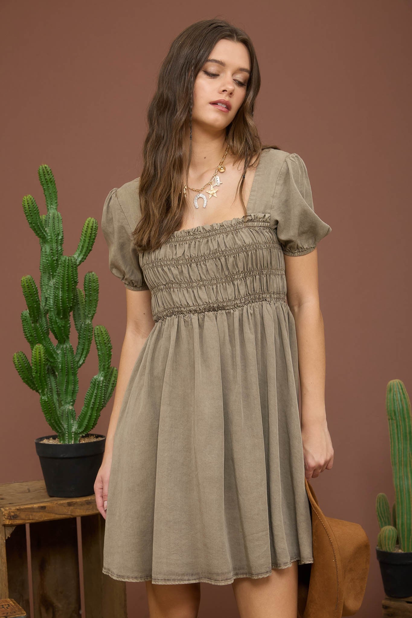 Blu Pepper Washed Smocked Short Puff Sleeve Mini Dress