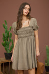 Blu Pepper Washed Smocked Short Puff Sleeve Mini Dress
