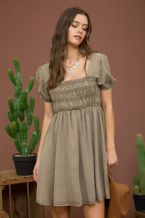 Blu Pepper Washed Smocked Short Puff Sleeve Mini Dress