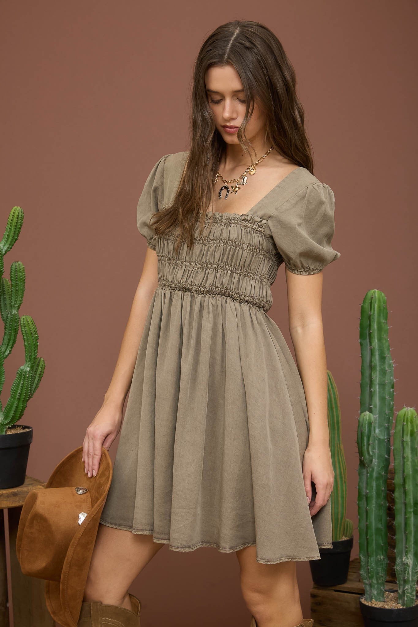 Blu Pepper Washed Smocked Short Puff Sleeve Mini Dress