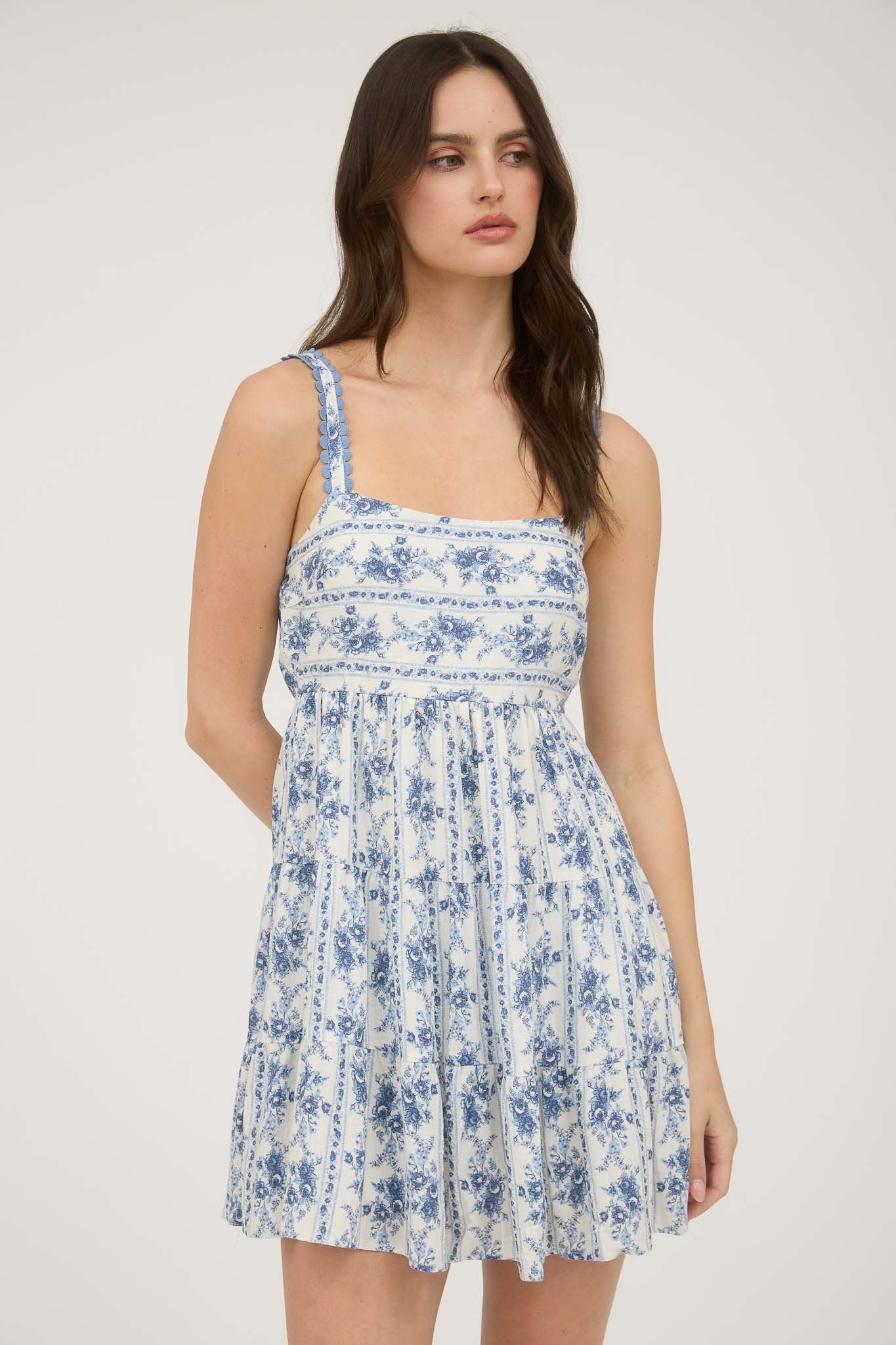 Blu Pepper Stripe Floral Sleeveless Tiered Mini Dress