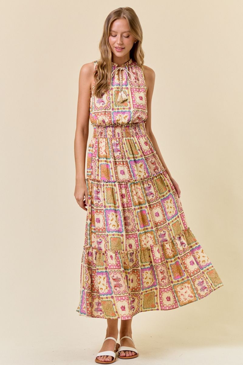 Doe and Rae Paisley Scarf Slvless Tiered Maxi Dress