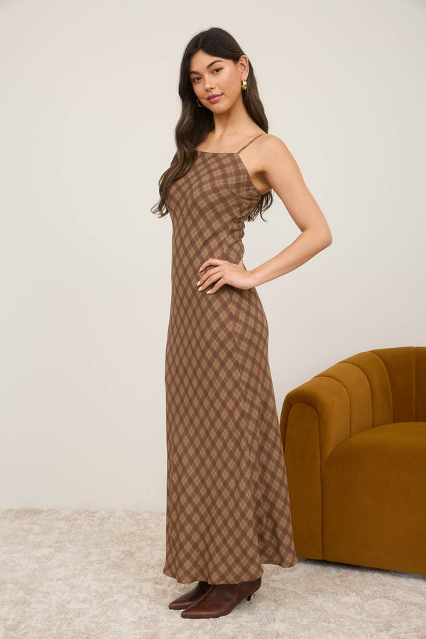 Blu Pepper Plaid Spaghetti Strap Midi Dress