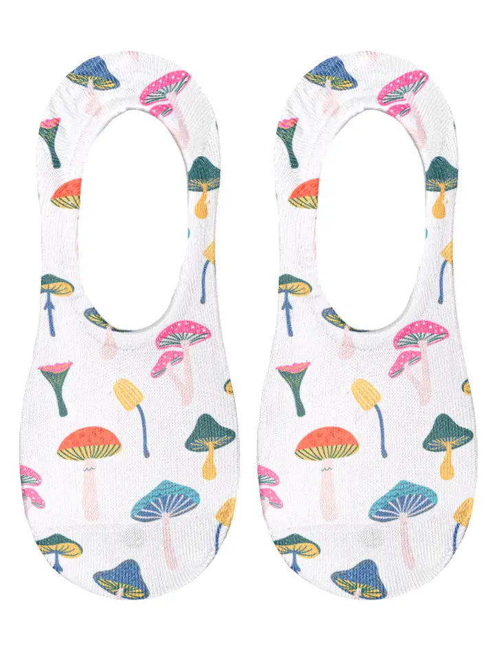 No-Show Liner Socks - Multi-Colored Mushrooms - White