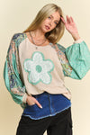 Davi & Dani Floral Patchwork Balloon Sleeve Knit Pullover Top - Curvy Size