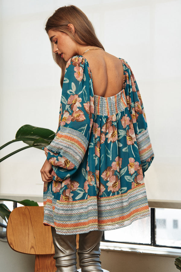 Floral Print Ruffle Detail Long Sleeve Mini Dress