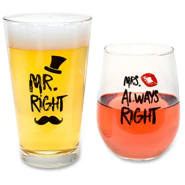 Mr. Right and Mrs. Always Right - Wine & Beer Glass Combo