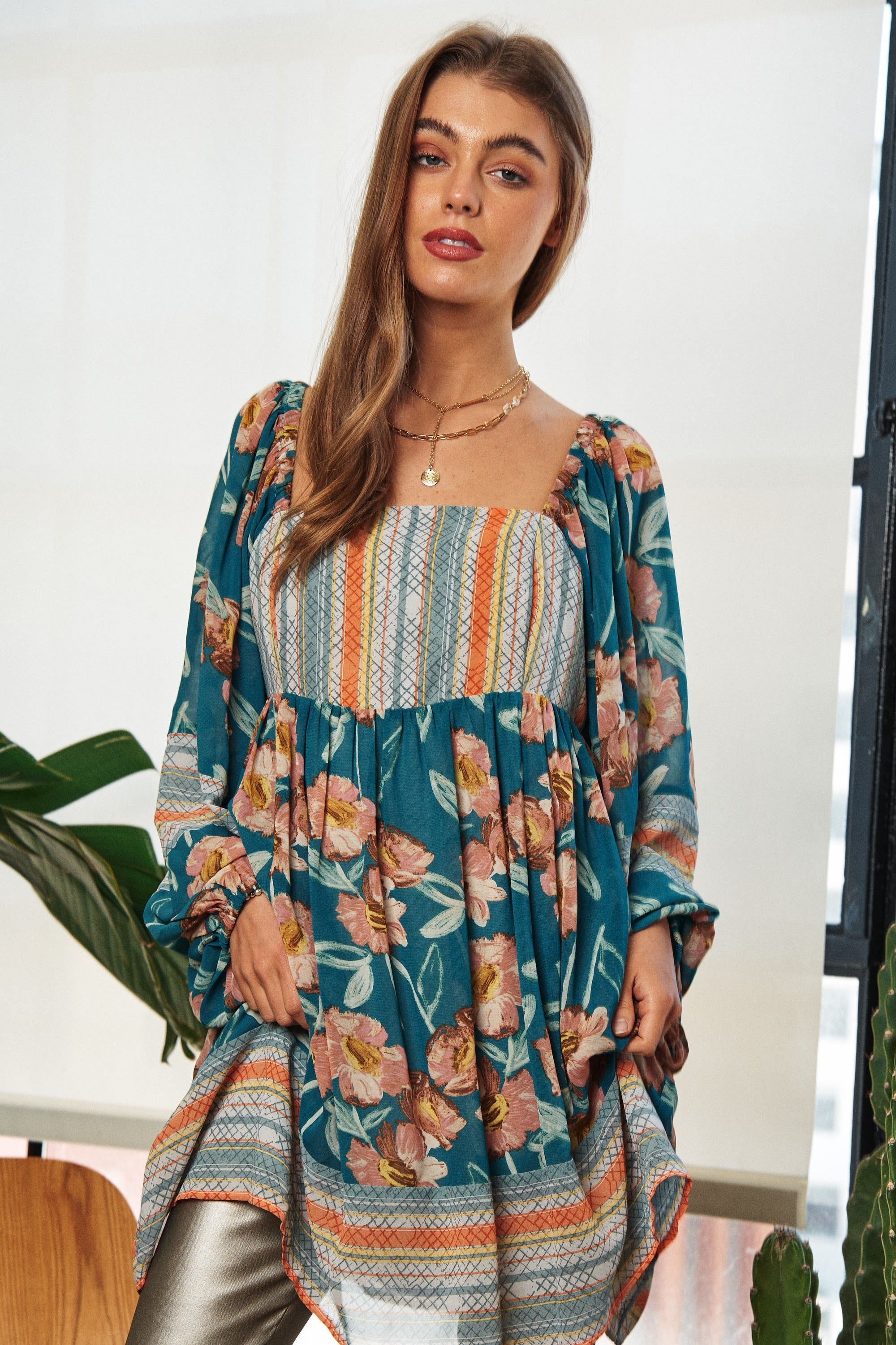 Floral Print Ruffle Detail Long Sleeve Mini Dress