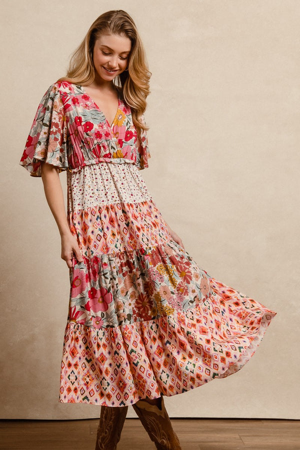 Floral Print Mix And Match Midi Dress With Waist E
