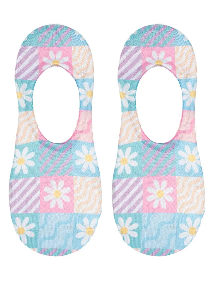 No-Show Liner Socks - Dasies & Waves Motif - Multi-Colored