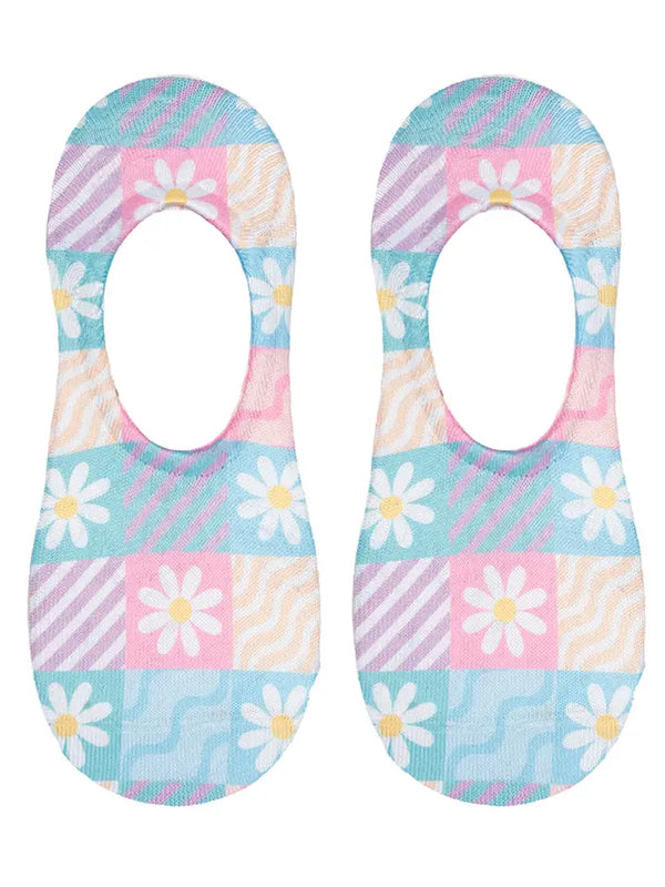 No-Show Liner Socks - Dasies & Waves Motif - Multi-Colored