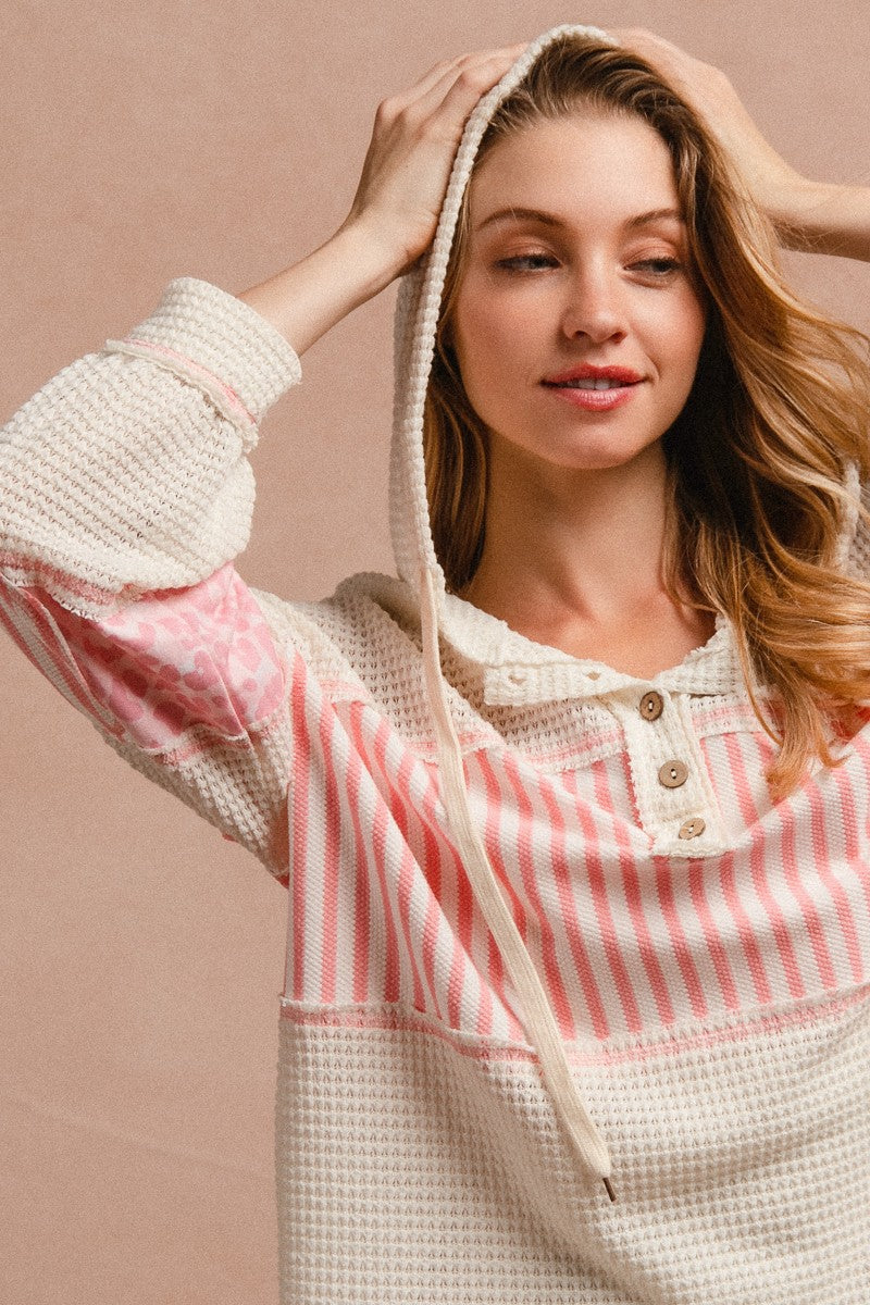 Bibi Waffle Knit and Print Mixed Hoodie Top