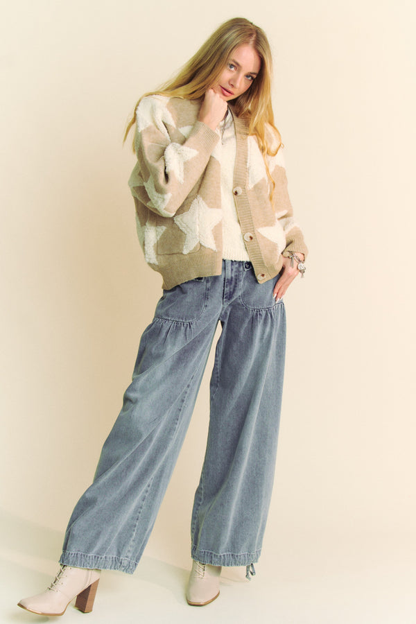 Davi & Dani Fuzzy Knit Star Loose Fit Button Down Cardigan