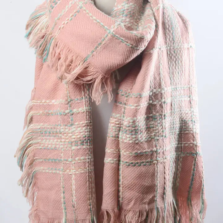 Pink Chunky Multi Colored Plaid Stitch Scarf