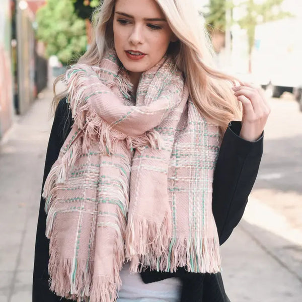 Pink Chunky Multi Colored Plaid Stitch Scarf