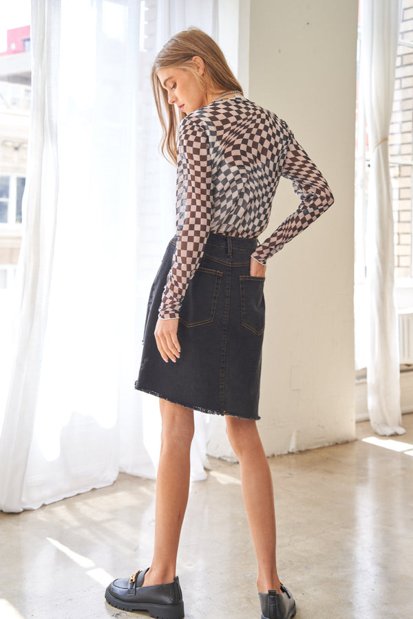 Checker Board Printed Mesh Long Sleeve Top - 4 Colors