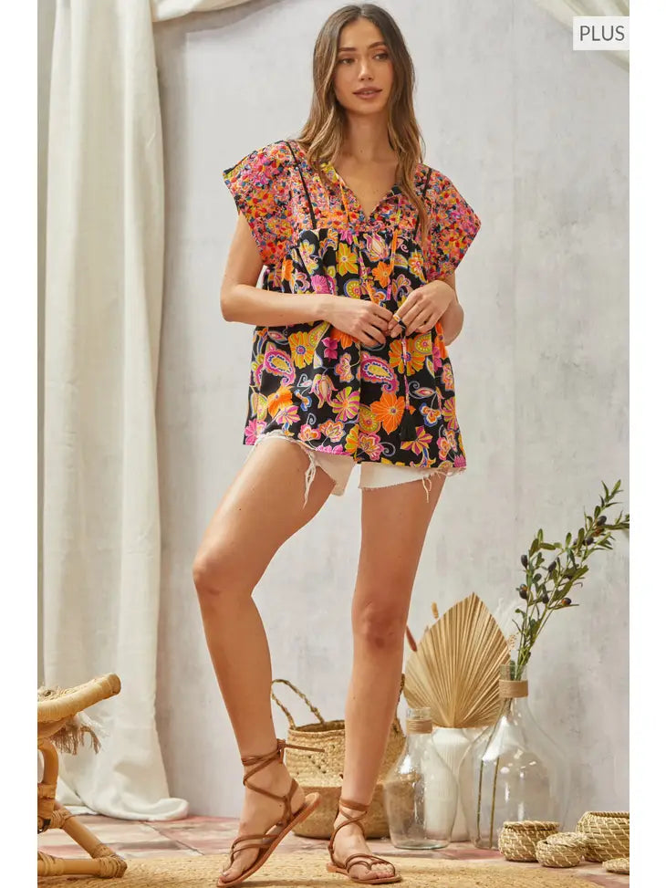 Savanna Jane Babydoll Top with Floral Embroidery Details - Curvy Size