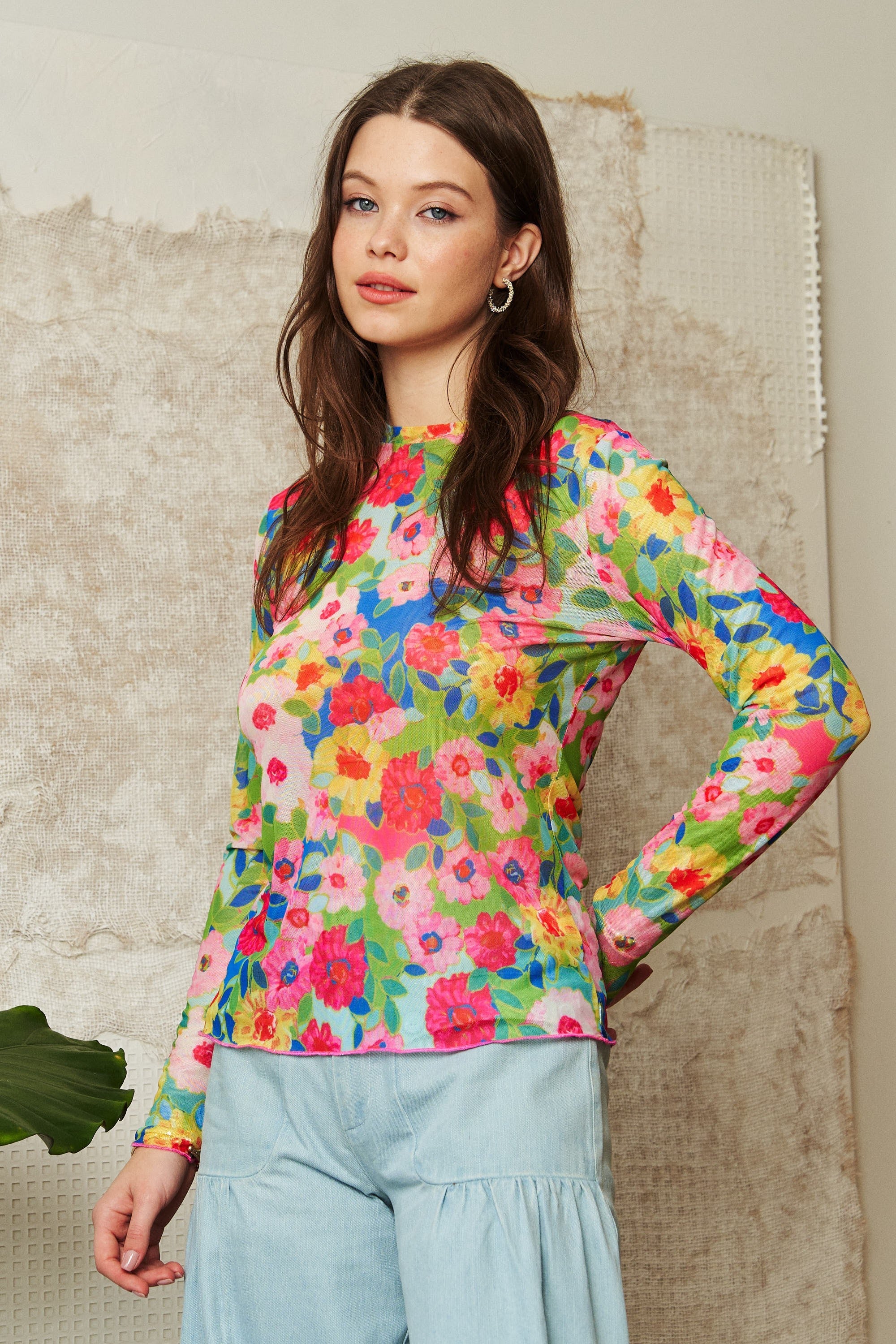 Davi & Dani Flower Printed Mesh Round Neck Long Sleeve Top - Curvy Size